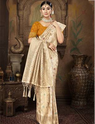 cream silk woven work traditional saree 1