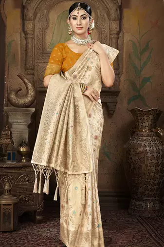 cream silk woven work traditional saree