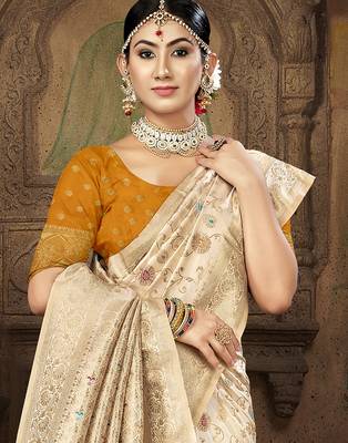 cream silk woven work traditional saree 2