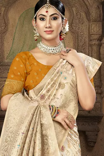 cream silk woven work traditional saree