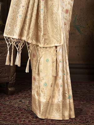 cream silk woven work traditional saree 3