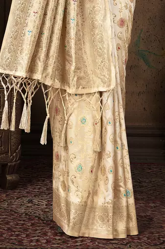 cream silk woven work traditional saree