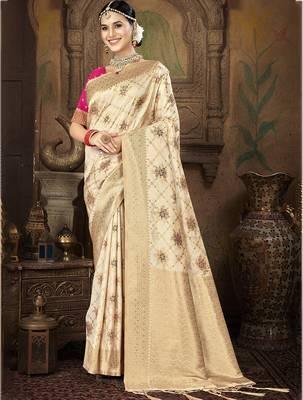 cream silk woven work traditional saree 1