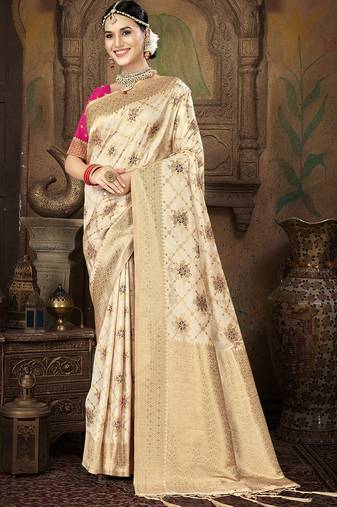 cream silk woven work traditional saree