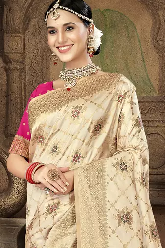 cream silk woven work traditional saree