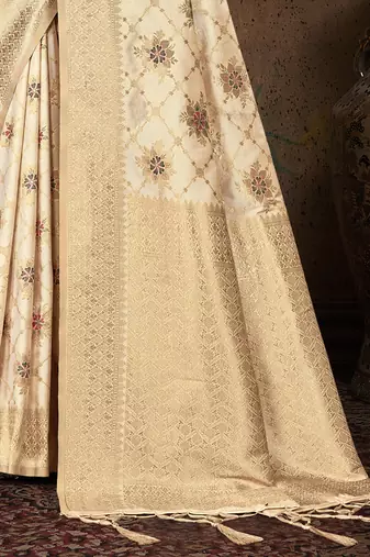 cream silk woven work traditional saree