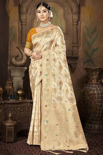 cream silk woven work traditional saree