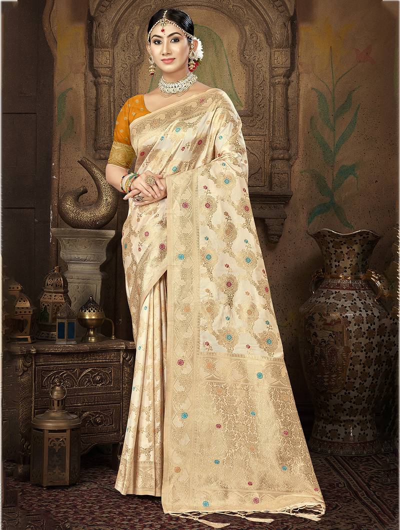 cream silk woven work traditional saree