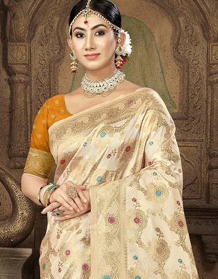 cream silk woven work traditional saree 2