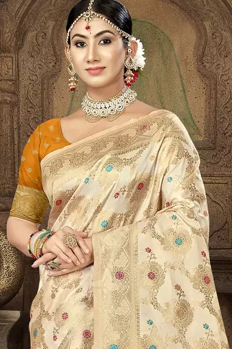 cream silk woven work traditional saree