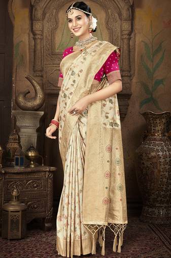 cream silk woven work traditional saree