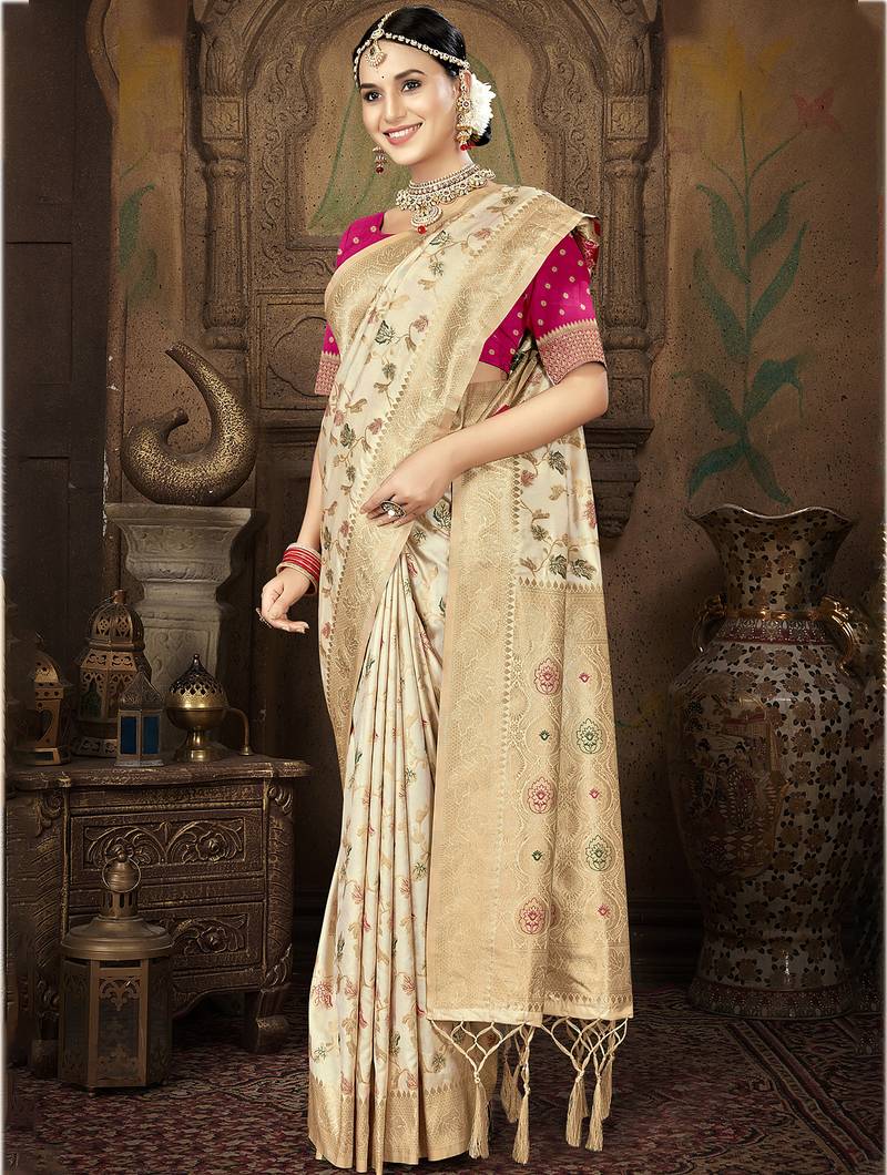 cream silk woven work traditional saree