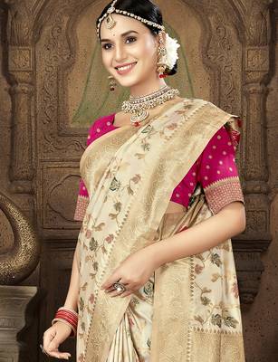 cream silk woven work traditional saree 2
