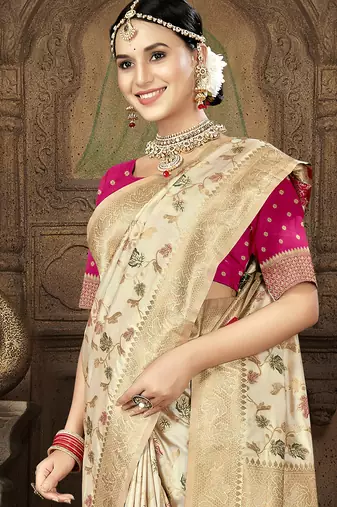 cream silk woven work traditional saree
