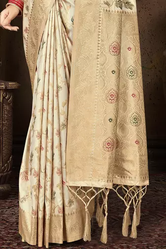 cream silk woven work traditional saree