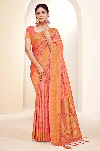 peach silk woven work traditional saree