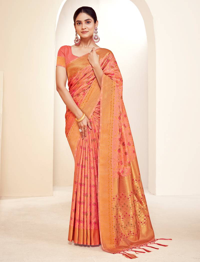 peach silk woven work traditional saree