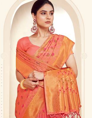 peach silk woven work traditional saree 2
