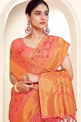 peach silk woven work traditional saree