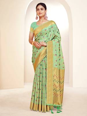 sea green silk woven work traditional saree 1