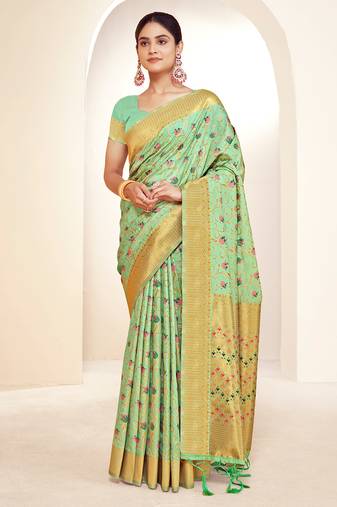 sea green silk woven work traditional saree