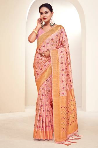 pink silk woven work traditional saree