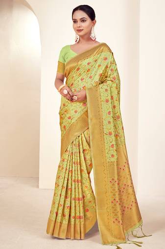 light green silk woven work traditional saree