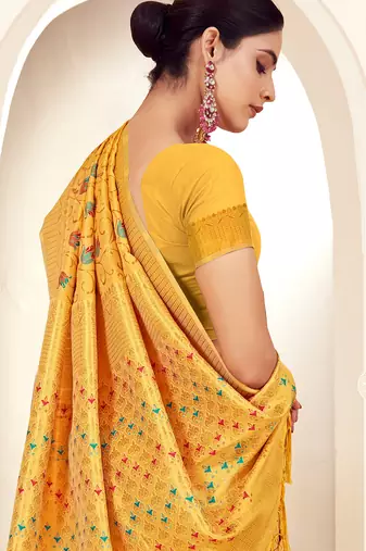 yellow woven work traditional saree