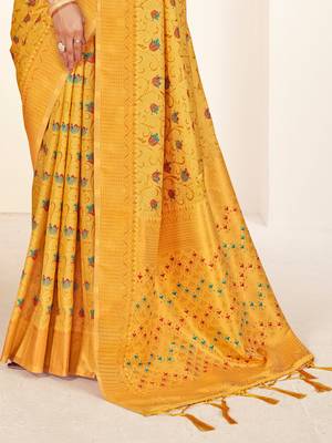 yellow woven work traditional saree 3