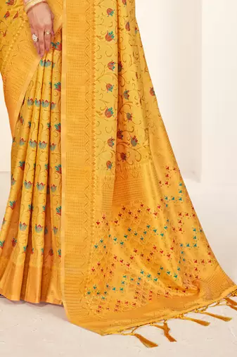 yellow woven work traditional saree