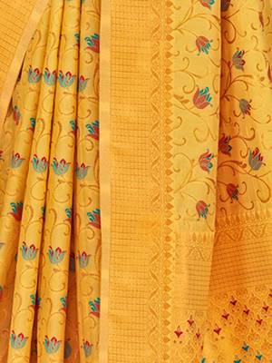 yellow woven work traditional saree 4