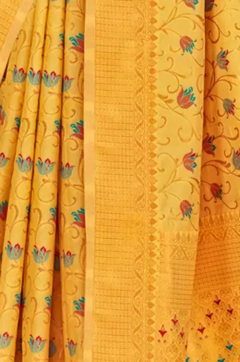 yellow woven work traditional saree