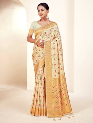 cream silk woven work traditional saree 1