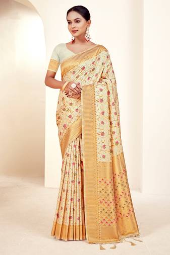 cream silk woven work traditional saree