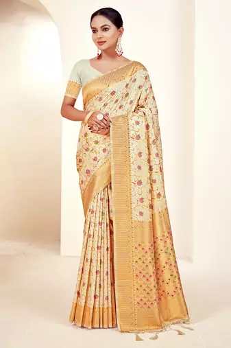 cream silk woven work traditional saree