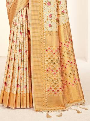 cream silk woven work traditional saree 3