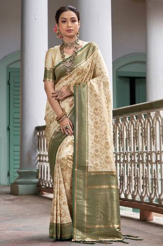 cream beige with green banarasi silk woven work traditional saree