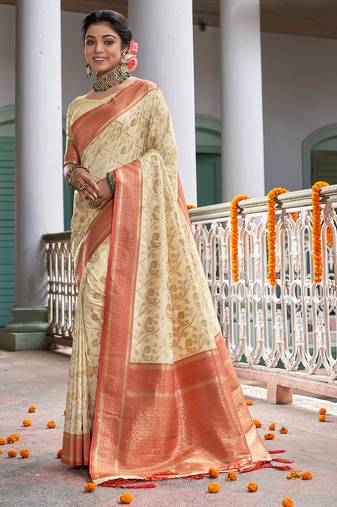 cream beige with red banarasi silk woven work traditional saree