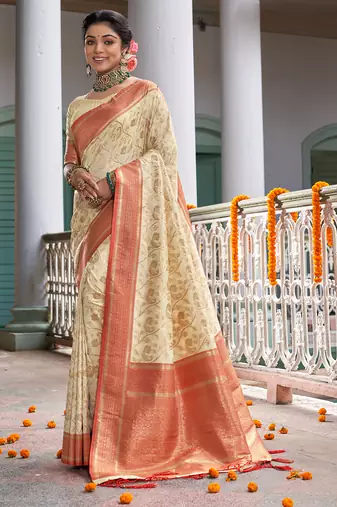 cream beige with red banarasi silk woven work traditional saree