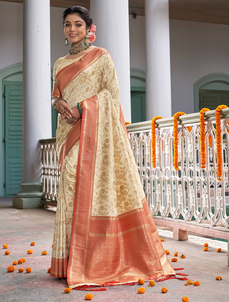 cream beige with red banarasi silk woven work traditional saree