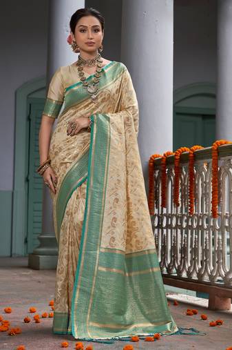 cream beige with teal banarasi silk woven work traditional saree