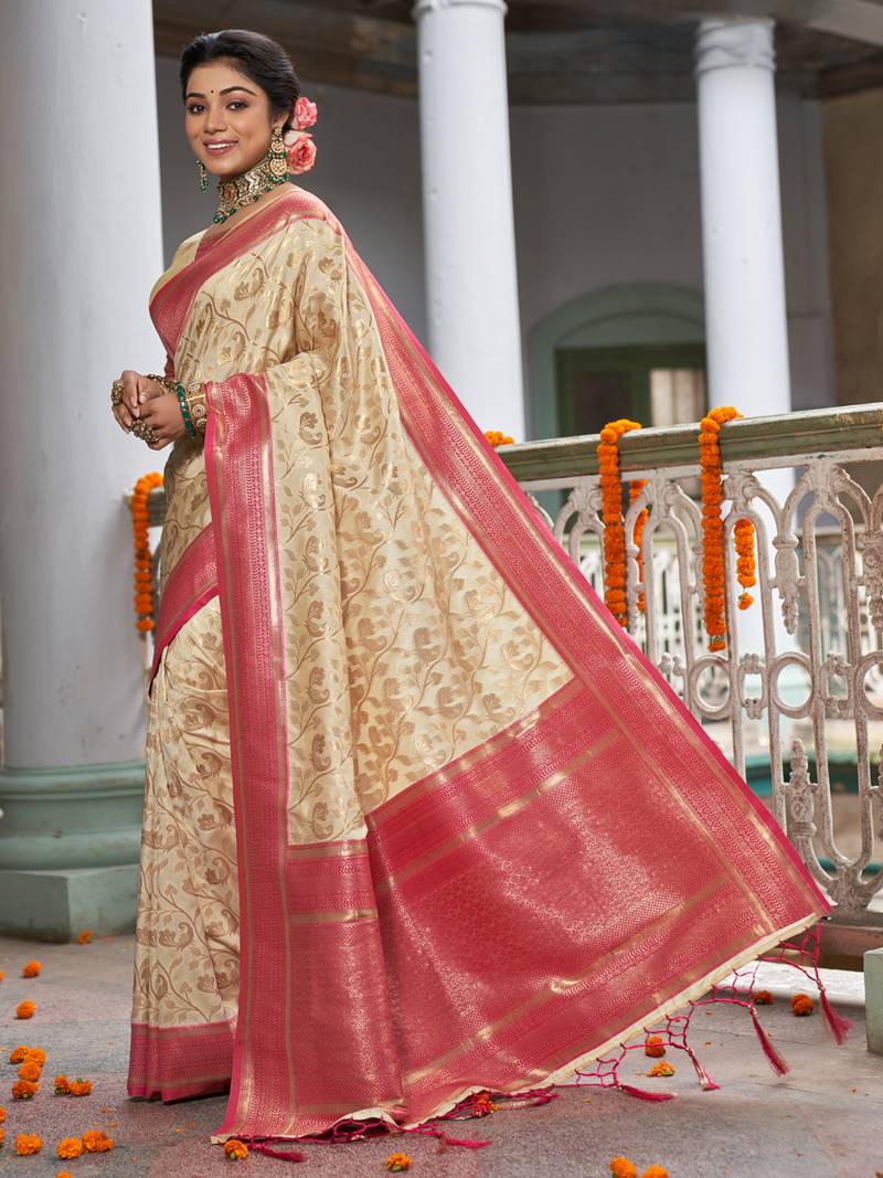 cream beige with pink banarasi silk woven work traditional saree