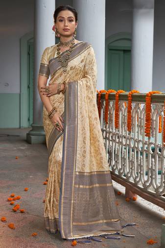 cream beige with blue banarasi silk woven work traditional saree