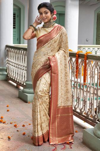 cream beige with peach banarasi silk woven work traditional saree