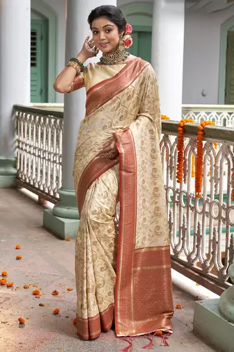 cream beige with peach banarasi silk woven work traditional saree