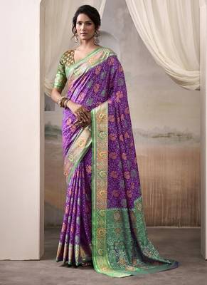 Purple & green patola silk blend festival wear saree 1