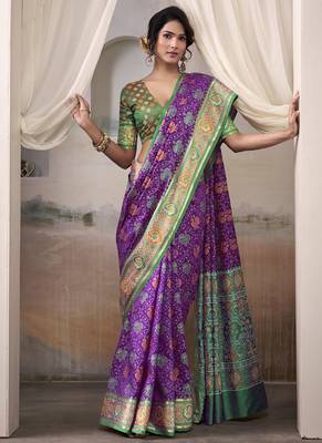 Purple & green patola silk blend festival wear saree 2