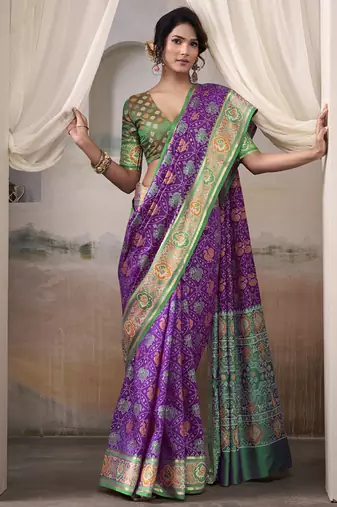 Purple & green patola silk blend festival wear saree