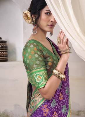 Purple & green patola silk blend festival wear saree 3
