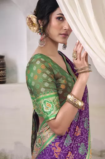 Purple & green patola silk blend festival wear saree